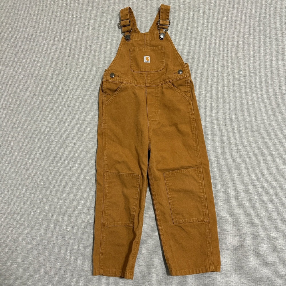 Carhartt Brown Cotton Canvas Double Knee Bib Overalls Kids Youth Size 4T
